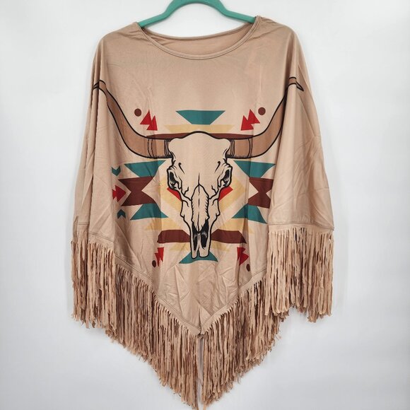 MONTANA WEST Steer Skull Graphic Faux Suede Fringed Poncho OS NWT - Picture 2 of 7